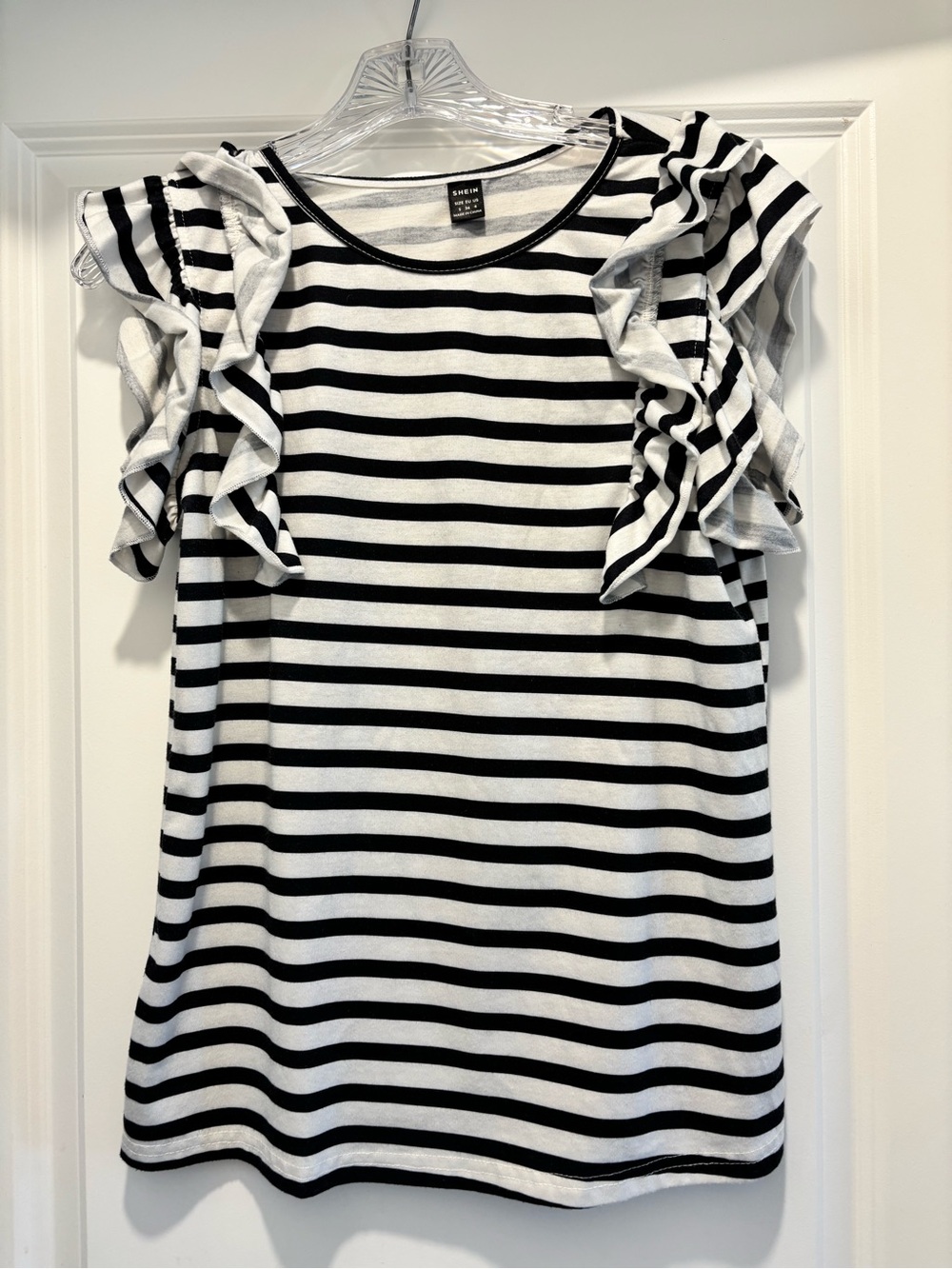 SHEIN Black and White Striped Ruffle Short Sleeve Tee